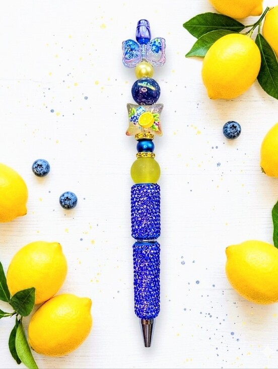 Hand Crafted Accessories - Handcrafted Blueberry Lemon Sparkly Rhinestone Beaded Gem Decorative Office Pen